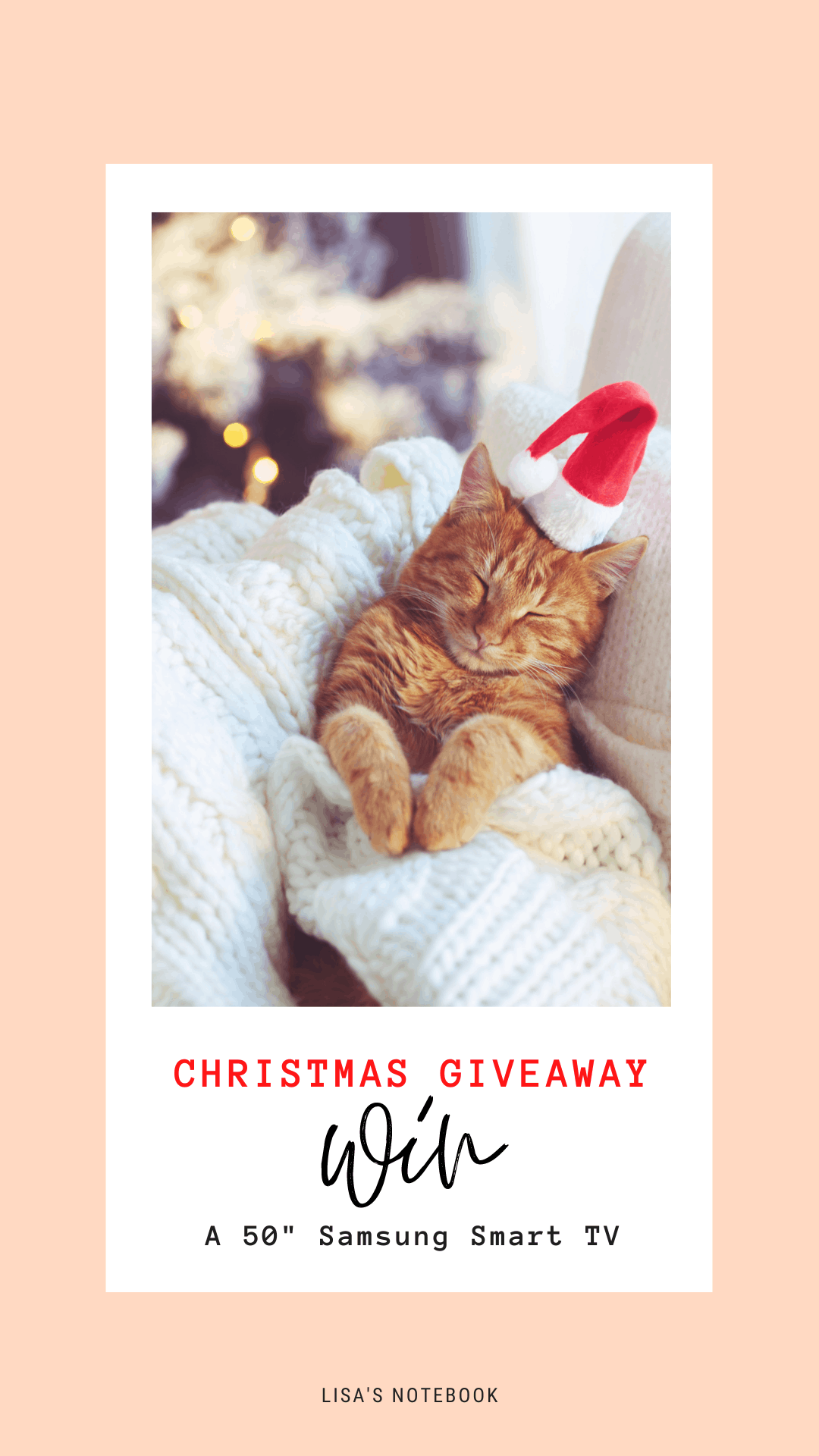 Bloggers Christmas Giveaway 2020 - win a Samsung 50 inch Smart TV Bloggers Christmas Giveaway - snoozing Santa cat - win samsung-50-inch-smart-tv