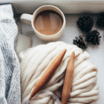 Good daily habits - mug of tea, blanket, skipping rope, fir cones