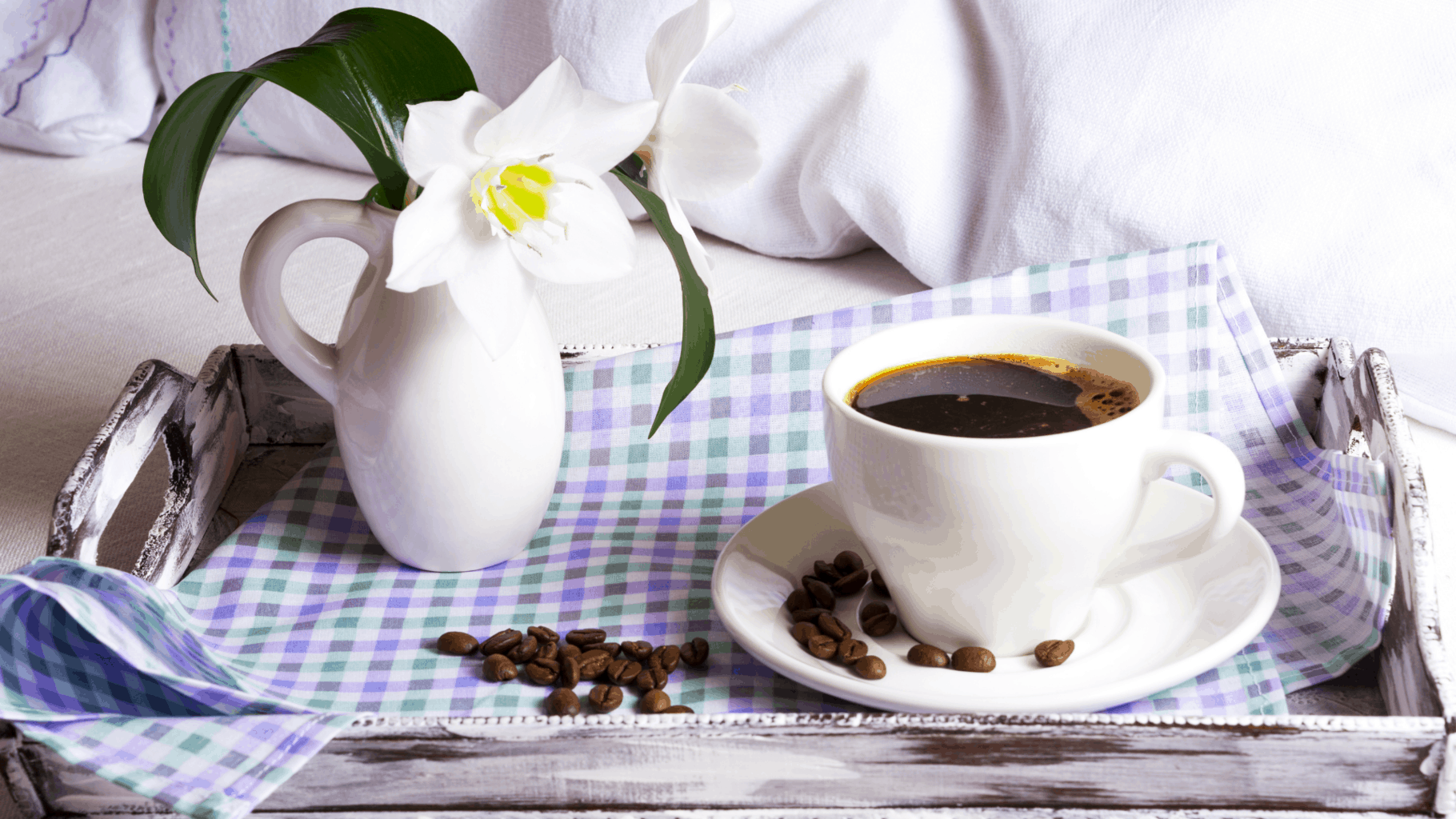 5 Most Popular Coffee Brewing Methods at Home * Coffee brewing methods - cup of coffee, coffee beans, tray, white flower in a vase