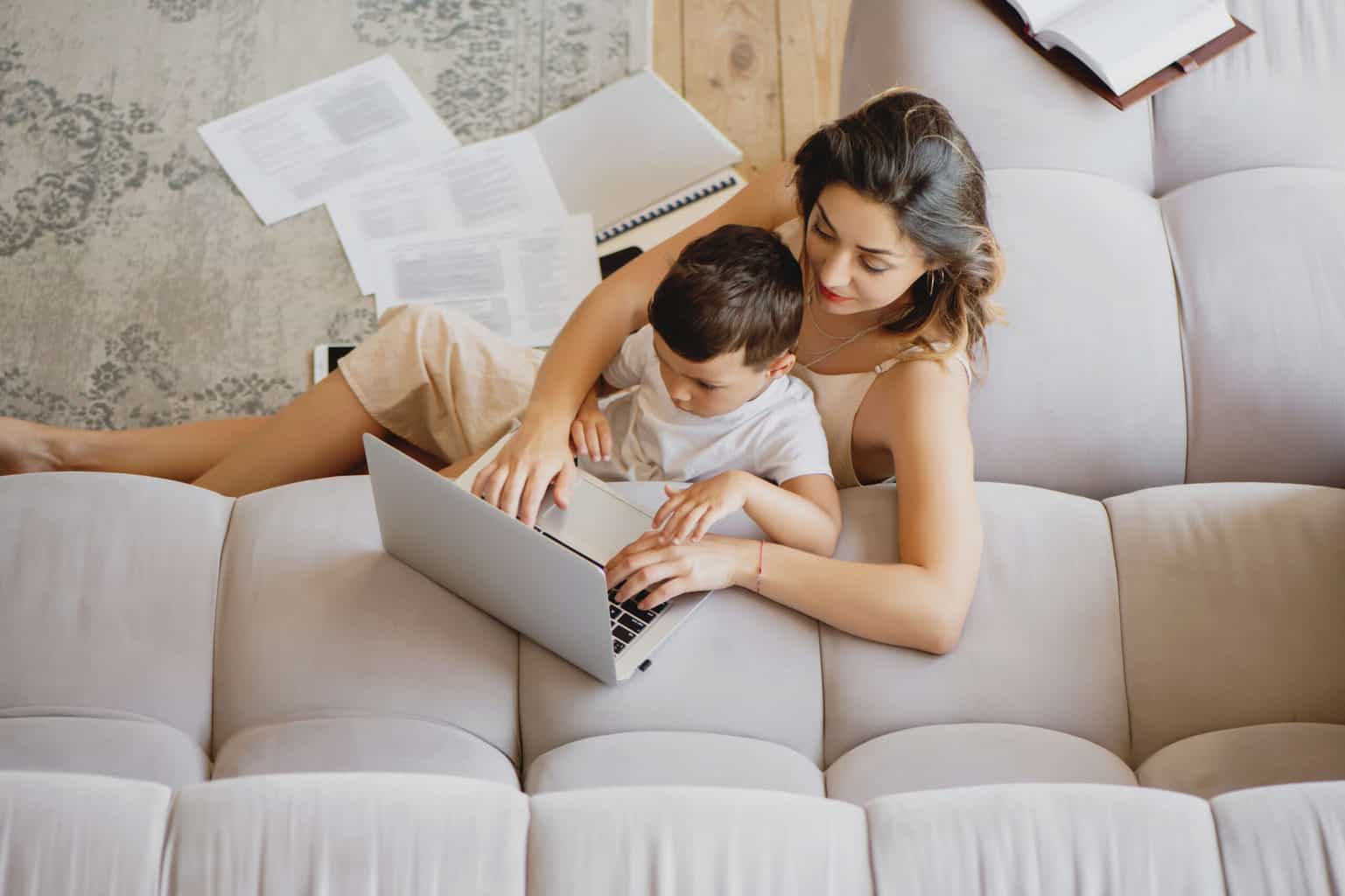 3 Genius Google Sheets Tips and Hacks for Busy Moms * Google Sheets Tips looking down on mum and boy